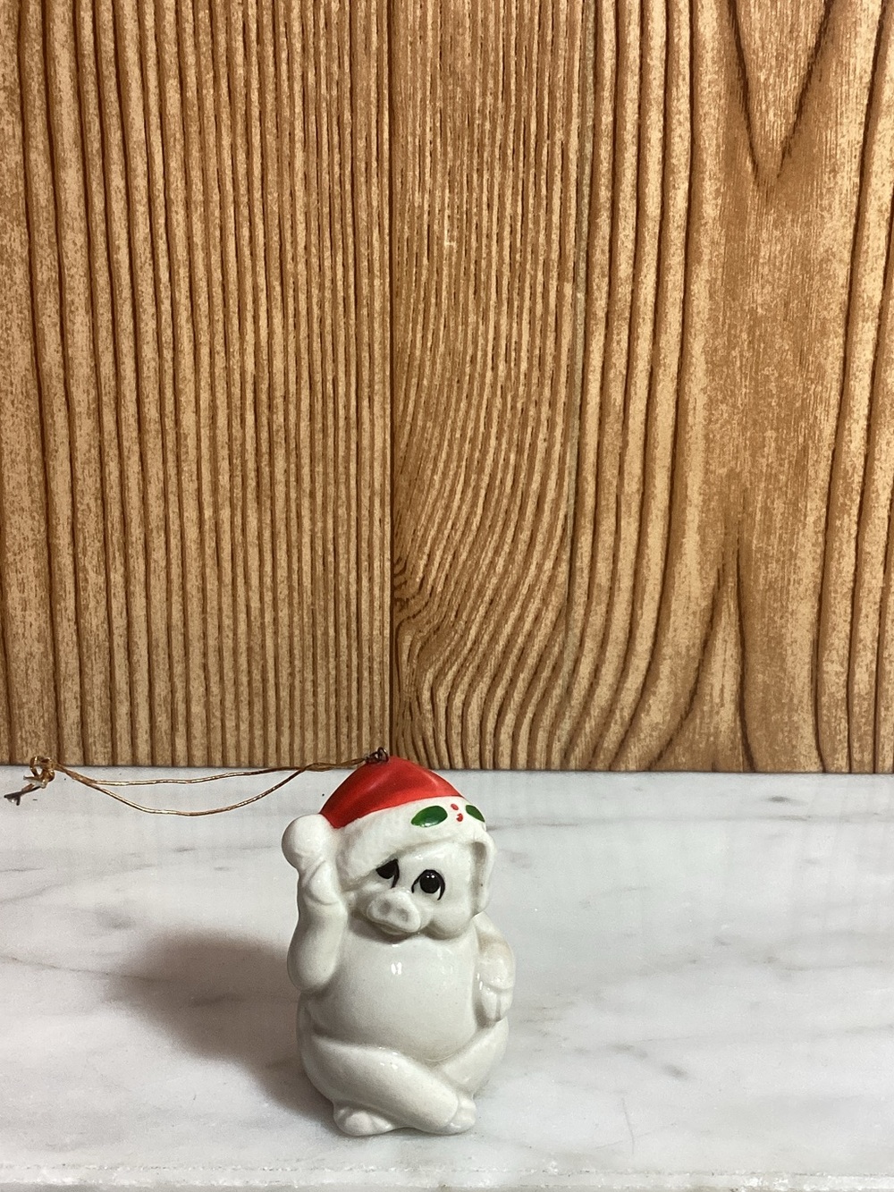 Vintage Fitz & Floyd White Ceramic Pig Ornament with Red Christmas Hat